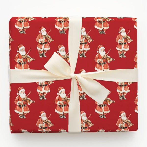 Musical Watercolor Wrapping Paper Roll, Santa Violin Red Wrapping Paper, Festive Holiday Gift Wrap, Christmas Musician Wrappi