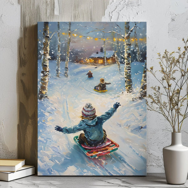 Snowy Birch Forest Landscape Print, Winter Sledding Canvas Wall Art, Holiday Christmas Scene Poster, Festive Digital Download
