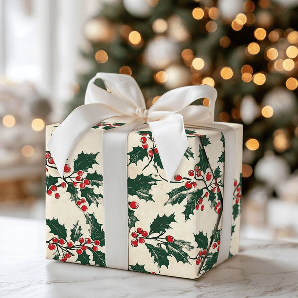Classic Christmas Gift Wrap, Vintage Holly Berry Wrapping Paper, Botanical Holiday Wrapping Paper, Red Berry Paper, Festive G