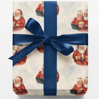 Christmas Movie Night Gift Wrap, Retro Santa and Mrs Claus Wrapping Paper, Vintage Holiday Gift Wrap Paper, Adorable Xmas Wrapping Paper Rolls