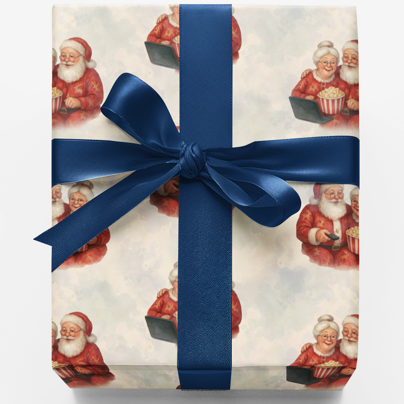 Christmas Movie Night Gift Wrap, Retro Santa and Mrs Claus Wrapping Paper, Vintage Holiday Gift Wrap Paper, Adorable Xmas Wrapping Paper Rolls