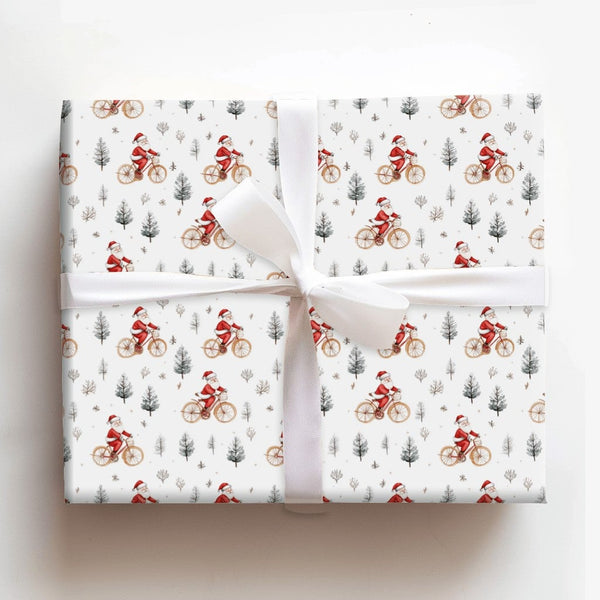 Winter Forest Gift Wrap, Santa on Bicycle Wrapping Paper, Watercolor Christmas Wrapping Paper, Holiday Gift Wrap, Xmas Presen