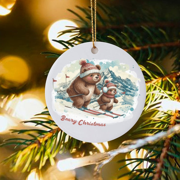 Parent and Baby Bear Tree Ornament, Beary Christmas Skiing Bear Ornament, Adorable Winter Animal Ceramic Ornament, Family Hol