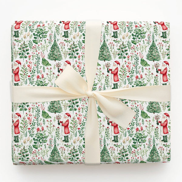 Botanical Christmas Tree Gift Wrap, Watercolor Santa Wrapping Paper, Nostalgic Holiday Santa Wrapping Paper, Vintage Christma