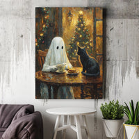 Ghost Coffee Canvas Print, Ghost and Black Cat Canvas Art, Whimsical Holiday Cat Wall Art, Christmas Ghost Poster, Spooky Digital Download