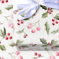 Berries Holiday Wrapping Paper, Watercolor Holly Wrapping Paper, Christmas Wrapping Paper Roll, Botanical Gift Wrap, Festive Present Wrap
