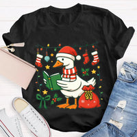 Humorous Holiday Bookworm Goose Shirt, Christmas Goose Reading Book T-Shirt, Adorable Winter Reading Tee, Book Lover Christmas Present T-Shirt