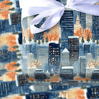 Snowy Night City Gift Wrap, Winter Cityscape Wrapping Paper, Watercolor Urban Skyline Wrapping Paper, Comfy Christmas Holiday Gift Wrap Roll