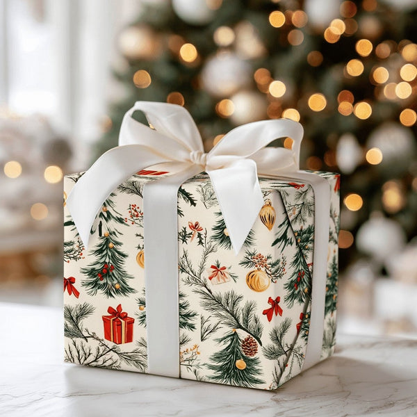 Christmas Tree Pinecone Gift Wrap, Vintage Botanical Wrapping Paper, Nostalgic Cream Holiday Wrapping Paper, Classic Winter W