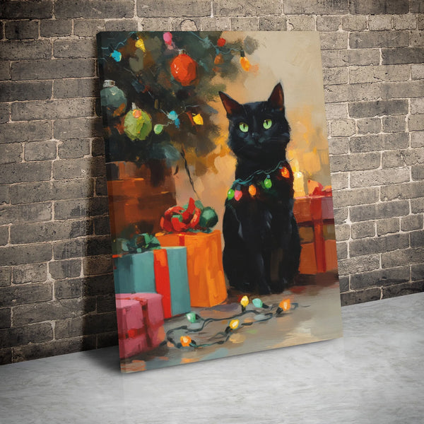 Adorable Kitten in Holiday Lights Canvas Print, Black Cat Christmas Canvas Wall Art, Festive Cat Lover Wall Art, Winter Holid