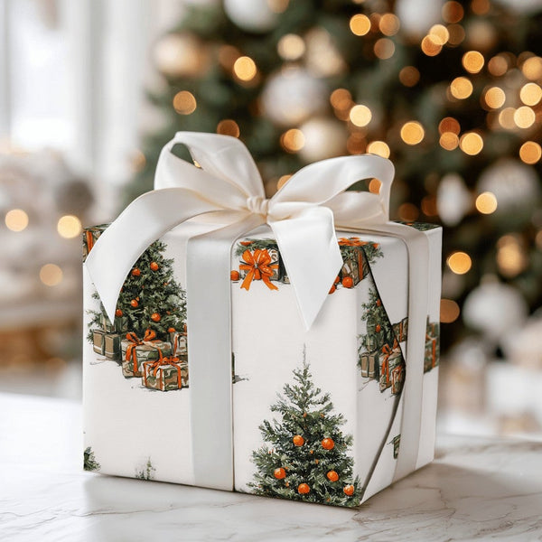 Retro Citrus Holiday Gift Wrap, Vintage Christmas Tree with Oranges Wrapping Paper, Winter Tree Wrapping Paper Roll, Classic 