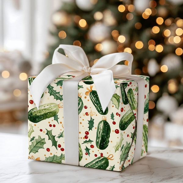 Humorous Holiday Pickle Ornament Gift Wrap, Christmas Pickle Wrapping Paper, Whimsical Secret Santa Wrapping Paper, Adorable 