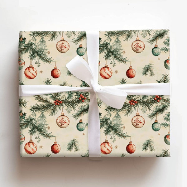 Watercolor Ornament Gift Wrap, Vintage Christmas Wrapping Paper, Pine Bough Holiday Wrapping Paper, Holly Berry Paper, Festiv