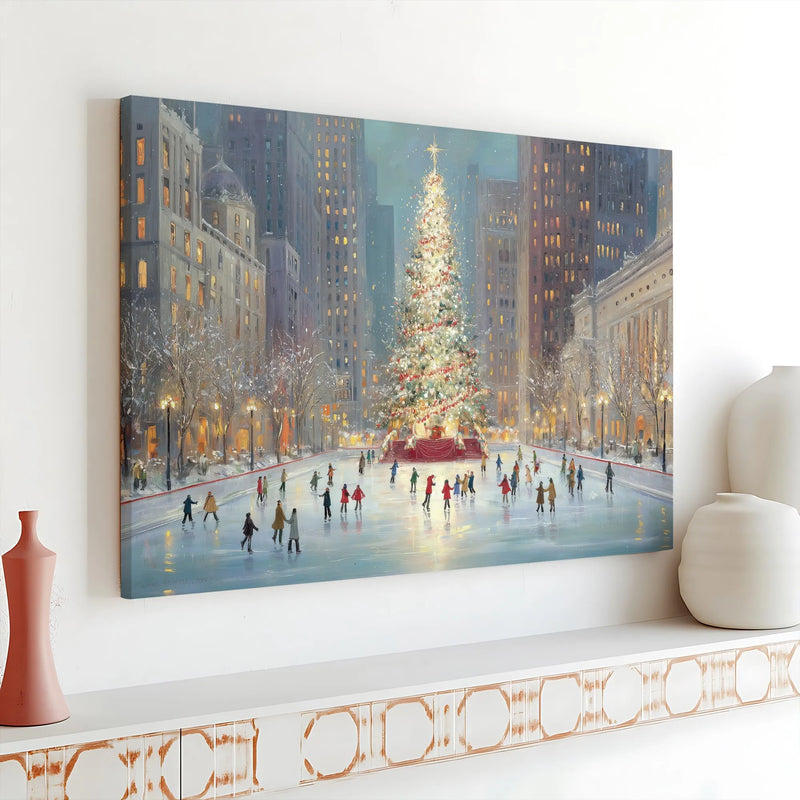 Ice Skating Christmas Tree Print, Winter Cityscape Canvas Art, Festive Holiday Town Wall Decor, Snowy City Scene Canvas Art Present