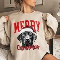 Dog in Santa Hat Holiday Sweater, Black Labrador Christmas Sweatshirt, Adorable Lab Puppy Xmas Crewneck, Dog Lover Winter Graphic Pullover
