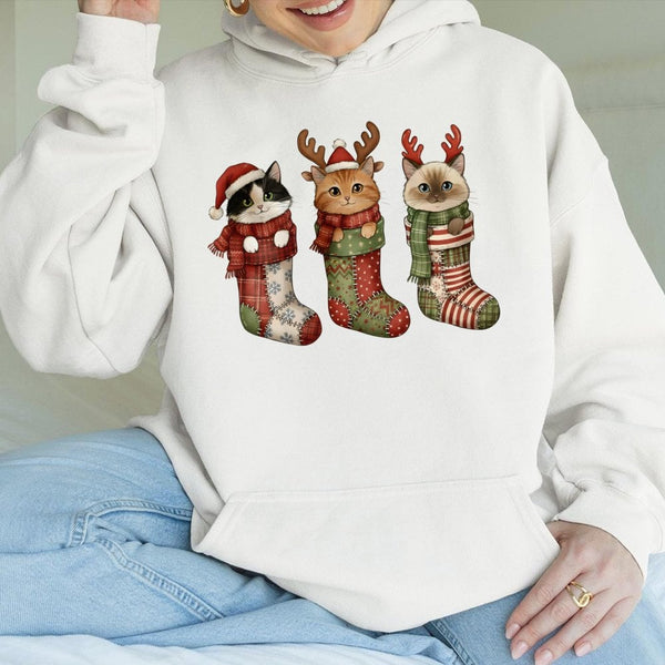 Adorable Kittens in Stockings Hooded Sweatshirt, Christmas Cat Hoodie, Holiday Cat Lover Pullover, Festive Winter Sweatshirt,