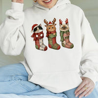 Adorable Kittens in Stockings Hooded Sweatshirt, Christmas Cat Hoodie, Holiday Cat Lover Pullover, Festive Winter Sweatshirt, Pet Mom Present