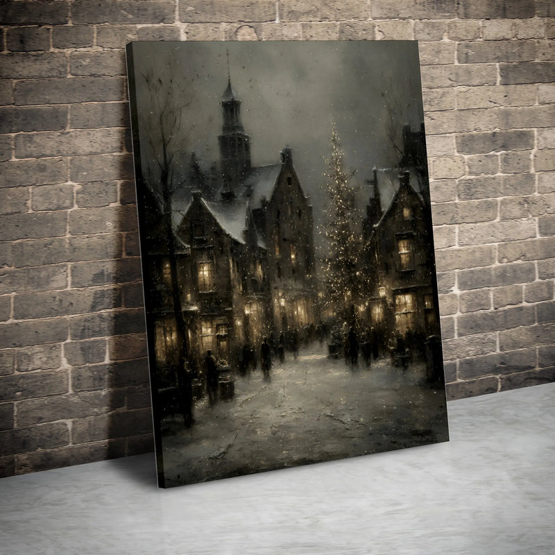 Christmas Town Street Scene Print, Winter European Village Canvas Wall Art, Holiday Snowy Decor, Digital Download Seasonal Wall Art