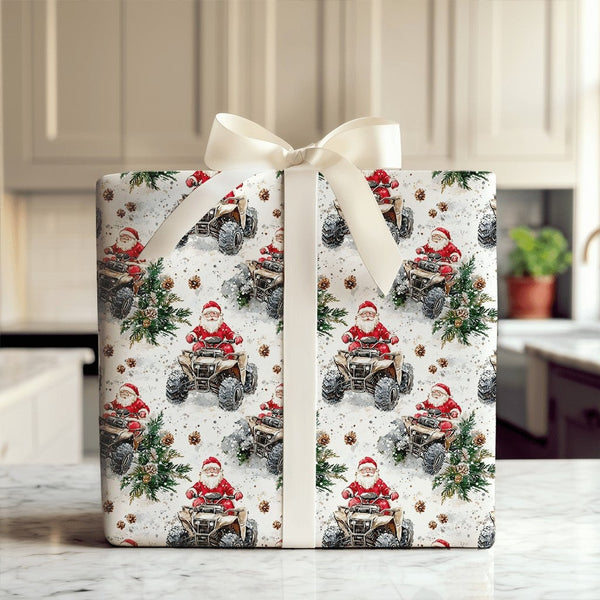 Rustic Off Road Wrapping Paper Roll, Santa Riding ATV Wrapping Paper, Outdoorsy Christmas Gift Wrap, Snow Holiday ATV Wrappin