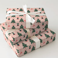 Whimsical Holiday Gift Wrap, Pink Christmas Tree Wrapping Paper, Santa Hat and Bells Xmas Wrapping Paper, Adorable Festive Gift Wrap Roll