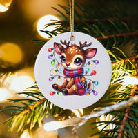 Adorable Deer with Christmas Lights Ornament, Kawaii Baby Reindeer Ceramic Ornament, Festive Holiday Tree Ornament, Winter Xmas Keepsake Present