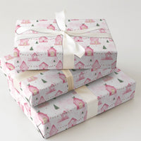 Pastel Holiday House Gift Wrap, Pink Christmas Village Wrapping Paper, Whimsical Winter Wrapping Paper, Festive Pink Xmas Gift Wrap Roll
