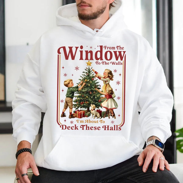 Humorous Christmas Graphic Hoodie, Retro Deck the Halls Hoodie, Vintage Holiday Party Hoodie, Winter Pullover Sweatshirt, Hol