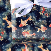 Winter Fish Gift Wrap, Goldfish Holiday Wrapping Paper, Pine Holly Berry Wrapping Paper, Navy Blue Xmas Gift Wrap, Aquatic Christmas Paper