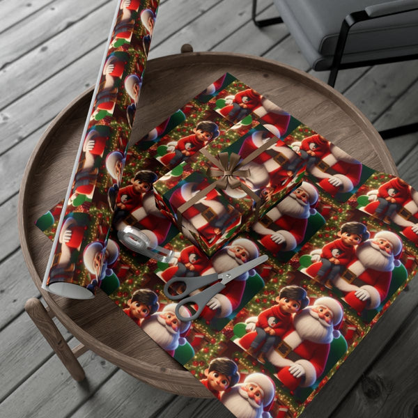 Adorable Cartoon Santa Claus Gift Wrap, Boy on Santa Lap Christmas Wrapping Paper, Holiday Season Wrapping Paper Roll, Xmas P