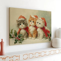 Vintage Cat Holiday Canvas Print, Three Kittens Christmas Canvas Wall Art, Adorable Kitten Wall Decor, Winter Festive Art, Cat Lover Xmas Present