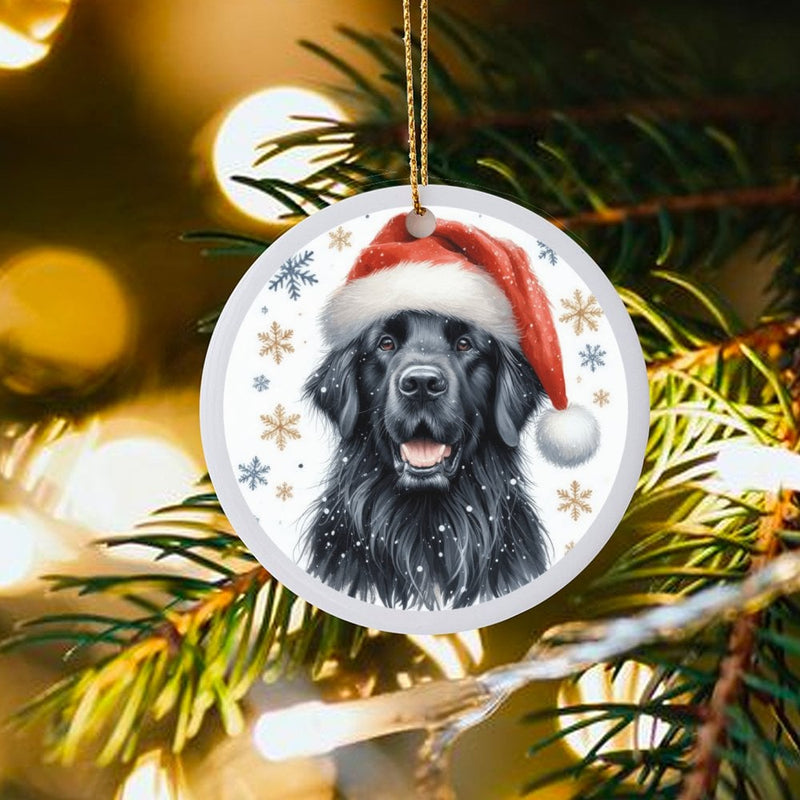 Santa Hat Snowflakes Ceramic Ornament, Newfoundland Dog Christmas Ornament, Winter Pet Tree Decor, Dog Lover Xmas Keepsake Ornament
