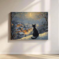 Snowy Christmas Night Art Poster, Black Cat Winter Village Canvas Wall Art, Comfy Holiday Wall Decor Print, Cat Lover Digital Download