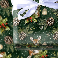 Watercolor Pine Cone Gift Wrap, Woodland Deer Christmas Wrapping Paper, Winter Forest Holiday Wrapping Paper, Rustic Green Gift Wrap Roll