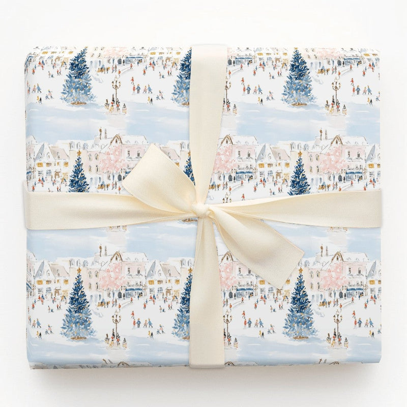 Town Square Christmas Gift Wrap, European Winter Village Wrapping Paper, Watercolor Holiday Wrapping Paper, Snowy Festive Wrapping Paper
