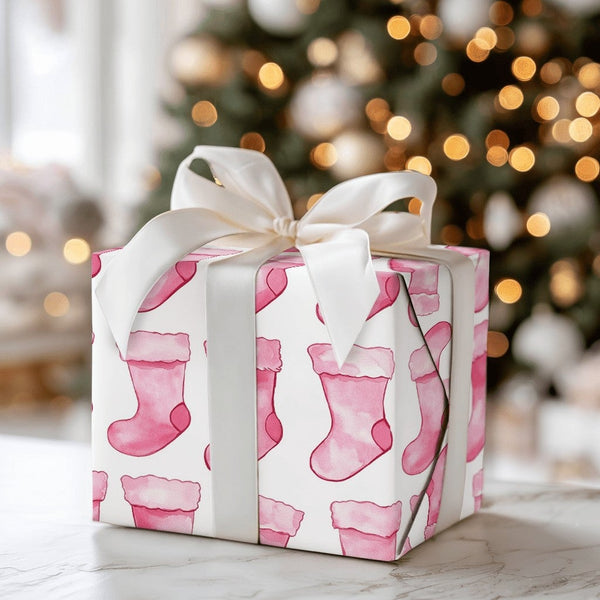 Adorable Holiday Gift Wrap, Pink Stocking Christmas Wrapping Paper, Watercolor Xmas Wrapping Paper, Baby's First Christmas Gi