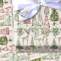 Watercolor Pine Tree Gift Wrap, Woodland Reindeer Wrapping Paper, Vintage Christmas Gift Wrapping Paper, Rustic Holiday Paper Roll