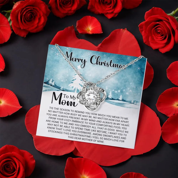 Rotating Rose Box Jewelry, Mom Christmas Love Knot Necklace, Gold Love Knot Necklace, CZ Crystal Knot Necklace, Holiday Prese