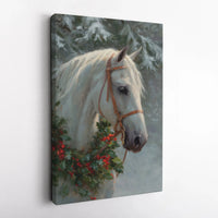 Christmas Holly Wreath Horse Print, White Horse Canvas Wall Art, Winter Farmhouse Horse Art Digital Download, Rustic Holiday Animal Decor