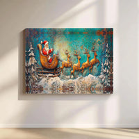 Rustic Reindeer Holiday Wall Art, Vintage Santa Claus Sleigh Canvas Print, Festive Christmas Painting Canvas, Winter Holiday Wall Decor Present