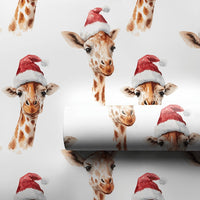Safari Animal Gift Wrap, Watercolor Giraffe Christmas Wrapping Paper, Santa Hat Giraffe Wrapping Paper, Adorable Holiday Zoo Gift Wrap Roll