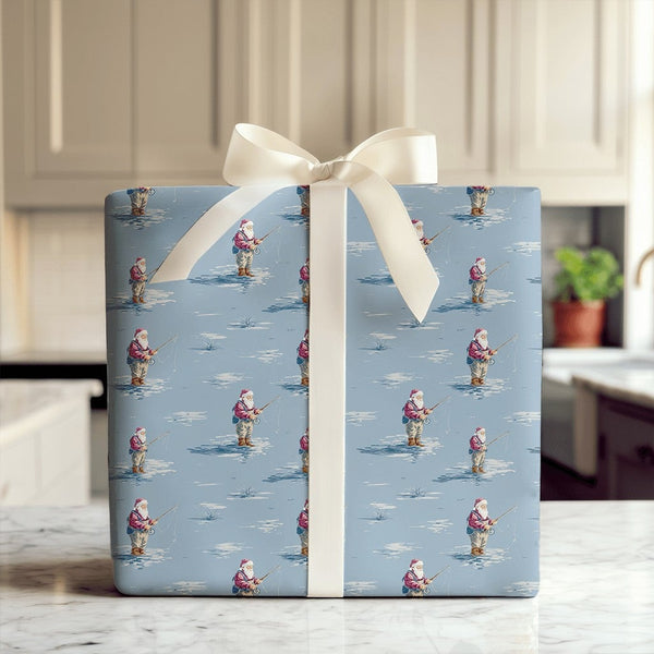 Wading Santa Christmas Gift Wrap, Fishing Santa Wrapping Paper, Icy Blue Winter Holiday Wrapping Paper, Outdoorsman Fishing R