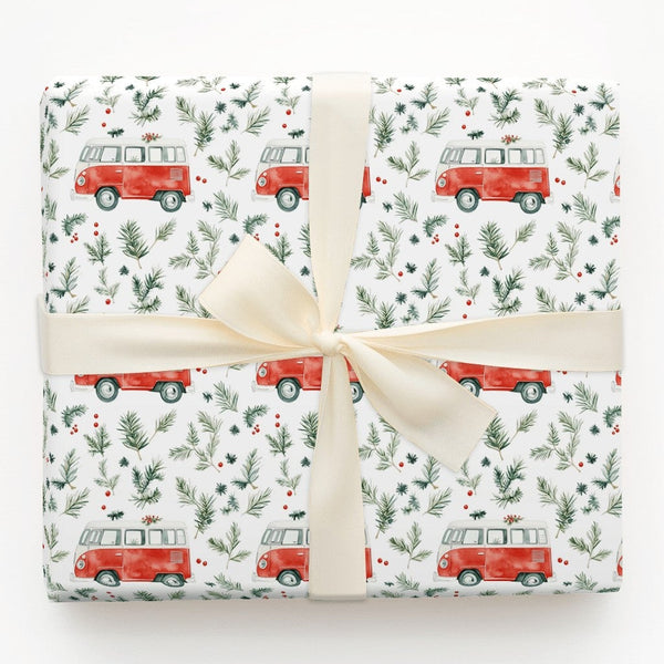 Retro Camper Van Gift Wrap, Vintage Red Camper Wrapping Paper, Christmas Camper Holiday Paper Roll, Winter Greenery Gift Wrap
