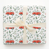Retro Camper Van Gift Wrap, Vintage Red Camper Wrapping Paper, Christmas Camper Holiday Paper Roll, Winter Greenery Gift Wrapping Paper