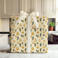 Pine Branch Christmas Gift Wrap, Vintage Gold Ornament Wrapping Paper, Rustic Holiday Present Wrap, Botanical Xmas Gift Wrapping Paper