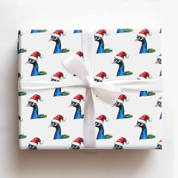 Watercolor Santa Hat Bird Gift Wrap Roll, Peacock Christmas Wrapping Paper, Elegant Holiday Wrapping Paper, Festive Winter Bi