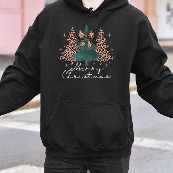 Coquette Bow Holiday Hoodie, Leopard Print Christmas Tree Hoodie, Adorable Xmas Tree Graphic Hoodie, Trendy Winter Sweatshirt