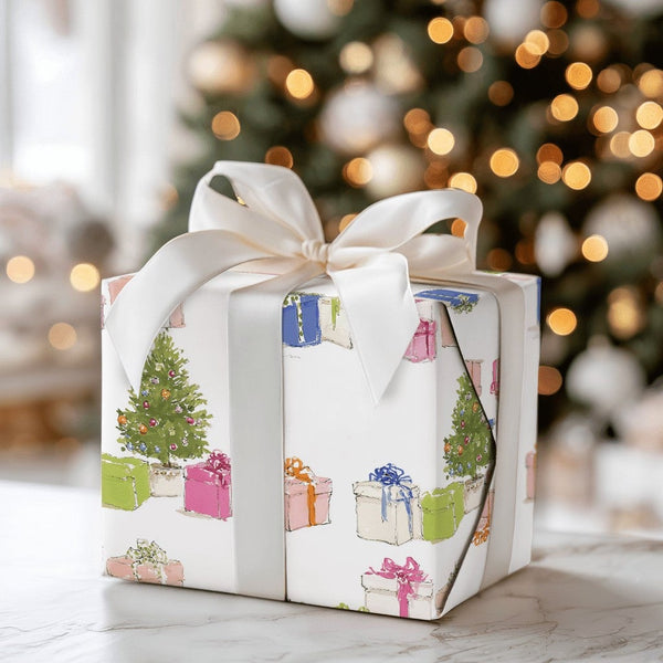 Watercolor Holiday Presents Gift Wrap, Christmas Tree Wrapping Paper, Festive Colorful Xmas Tree Gift Wrapping Paper, Winter 