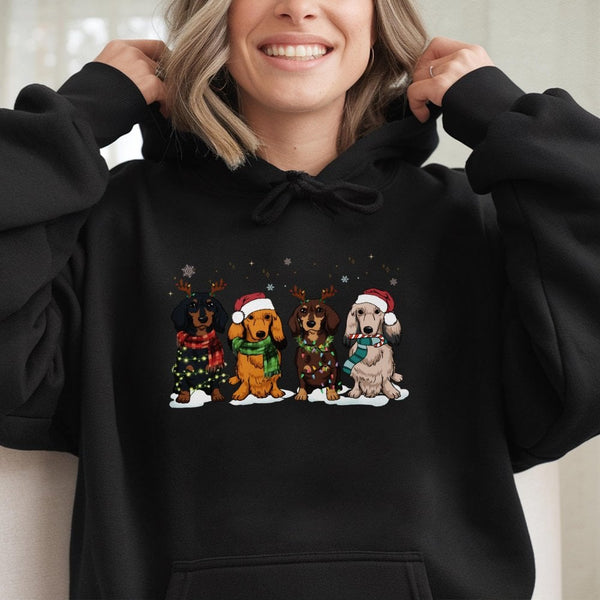 Festive Wiener Dog Sweatshirt, Dachshund Christmas Hoodie, Adorable Xmas Doxie Graphic Pullover Hoodie, Winter Holiday Dog Lo