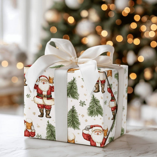 Humorous Beer Lover Gift Wrap, Santa Drinking Beer Wrapping Paper, Festive Santa Wrapping Paper, Christmas Tree Present Wrap,