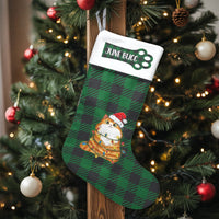 Green Buffalo Plaid Santa Cat Stocking, Personalized Cat Christmas Stocking, Custom Name Pet Holiday Stocking, Cat Lover Xmas Present Decor